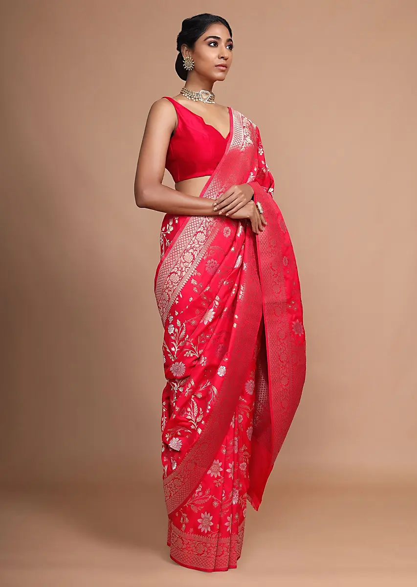 Red Banarasi Saree In Silk With Weaved Floral Jaal