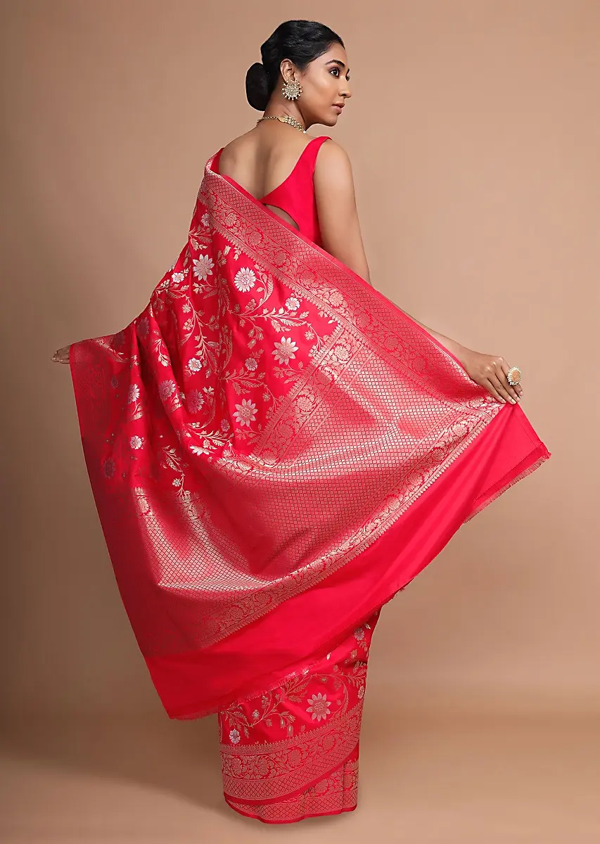 Red Banarasi Saree In Silk With Weaved Floral Jaal