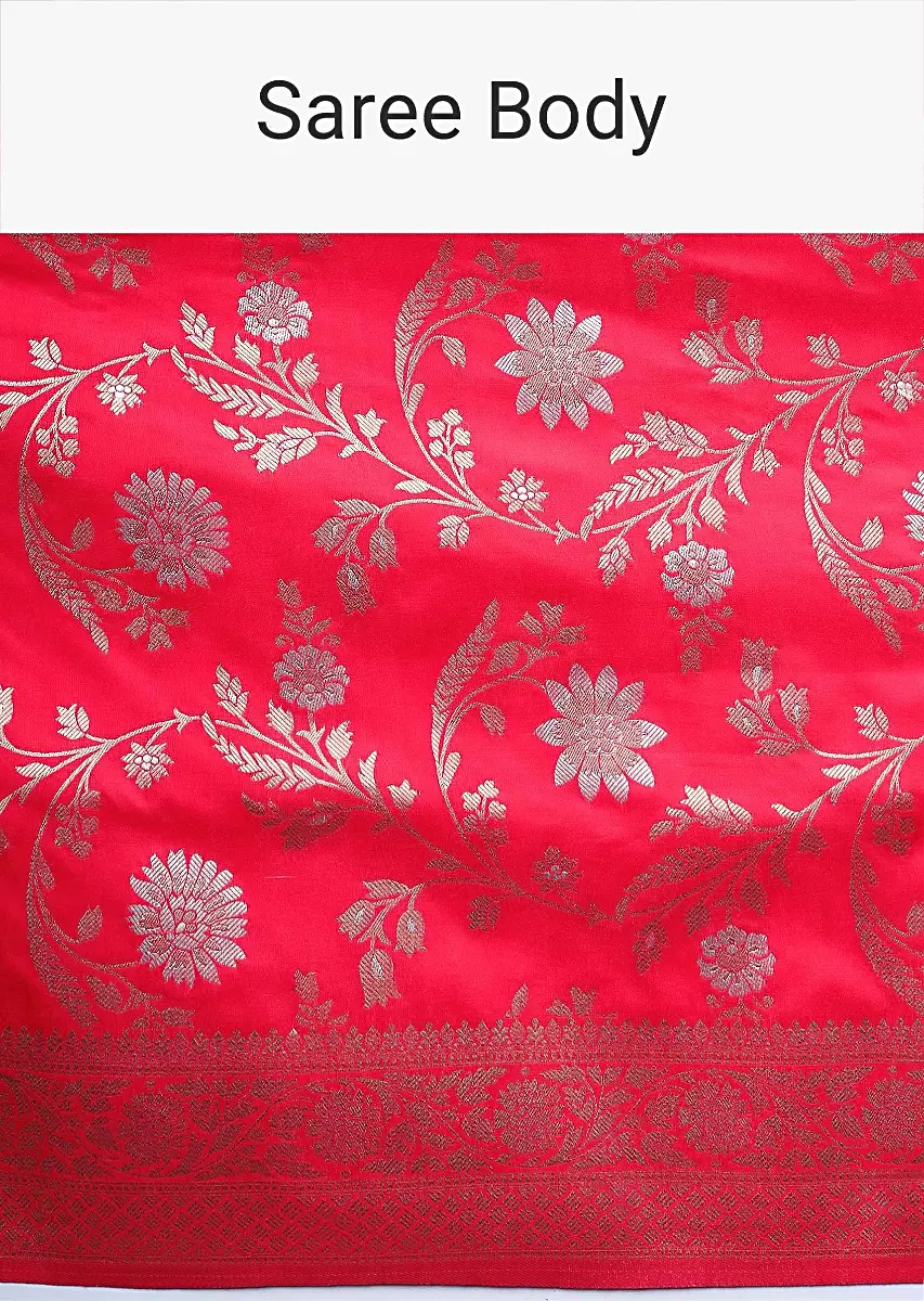 Red Banarasi Saree In Silk With Weaved Floral Jaal