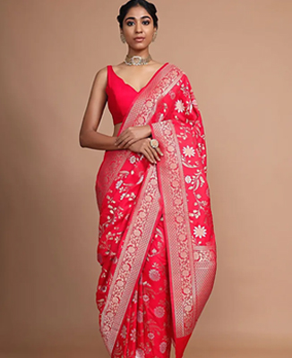 Red Banarasi Saree In Silk With Weaved Floral Jaal